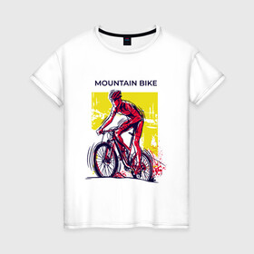 Женская футболка хлопок с принтом Mountain Bike велосипедист в Новосибирске, 100% хлопок | прямой крой, круглый вырез горловины, длина до линии бедер, слегка спущенное плечо | bicycle sport | bmx | country | cross | extreme | flatland | track | байк | велокросс | велосипедный спорт | горный велосипед | кросс | кросс кантри | трайк | трек | триал | флэтлэнд | фрирайд | шоссейные велоспорт