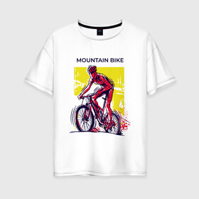 Женская футболка хлопок Oversize с принтом Mountain Bike велосипедист в Новосибирске, 100% хлопок | свободный крой, круглый ворот, спущенный рукав, длина до линии бедер
 | bicycle sport | bmx | country | cross | extreme | flatland | track | байк | велокросс | велосипедный спорт | горный велосипед | кросс | кросс кантри | трайк | трек | триал | флэтлэнд | фрирайд | шоссейные велоспорт