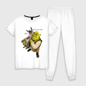 Женская пижама хлопок с принтом Shrek-Donkey в Новосибирске, 100% хлопок | брюки и футболка прямого кроя, без карманов, на брюках мягкая резинка на поясе и по низу штанин | Тематика изображения на принте: dreamworks | shrek | арт | лого | мультфильм | постер | шрек