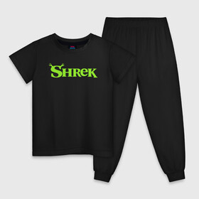 Детская пижама хлопок с принтом Shrek | Logo (Z) в Новосибирске, 100% хлопок |  брюки и футболка прямого кроя, без карманов, на брюках мягкая резинка на поясе и по низу штанин
 | Тематика изображения на принте: dreamworks | logo | shrek | зелёный огр | мульт | мультфильм | приключения