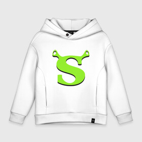 Детское худи Oversize хлопок с принтом Shrek Logo (+спина) (Z) в Новосибирске, френч-терри — 70% хлопок, 30% полиэстер. Мягкий теплый начес внутри —100% хлопок | боковые карманы, эластичные манжеты и нижняя кромка, капюшон на магнитной кнопке | dreamworks | shrek | зелёный огр | мульт | мультфильм | приключения