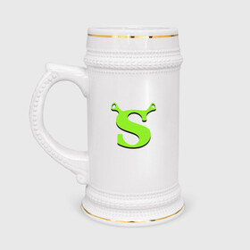 Кружка пивная с принтом Shrek Logo (+спина) (Z) в Новосибирске,  керамика (Материал выдерживает высокую температуру, стоит избегать резкого перепада температур) |  объем 630 мл | dreamworks | shrek | зелёный огр | мульт | мультфильм | приключения