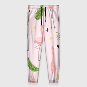 Женские брюки 3D с принтом Фламинго в Новосибирске, полиэстер 100% | прямой крой, два кармана без застежек по бокам, с мягкой трикотажной резинкой на поясе и по низу штанин. В поясе для дополнительного комфорта — широкие завязки | pink flamingo | листья | птицы | фламинго | цветы