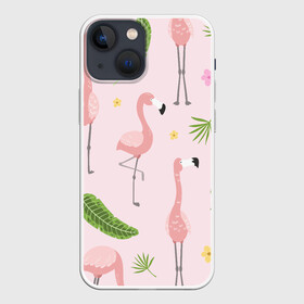 Чехол для iPhone 13 mini с принтом Фламинго в Новосибирске,  |  | pink flamingo | листья | птицы | фламинго | цветы