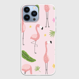 Чехол для iPhone 13 Pro Max с принтом Фламинго в Новосибирске,  |  | pink flamingo | листья | птицы | фламинго | цветы