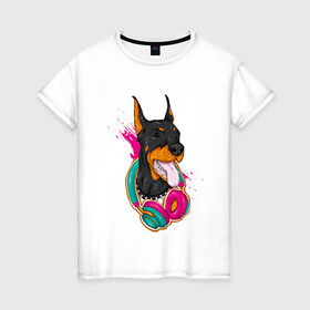 Женская футболка хлопок с принтом Доберман меломан в Новосибирске, 100% хлопок | прямой крой, круглый вырез горловины, длина до линии бедер, слегка спущенное плечо | доберман | животное | меломан | музыка | наушники | собака | хипстер