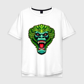 Мужская футболка хлопок Oversize с принтом Злая зеленая обезьяна в Новосибирске, 100% хлопок | свободный крой, круглый ворот, “спинка” длиннее передней части | агрессия | зеленая | злая | зубы | обезьяна | оскал