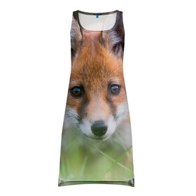Платье-майка 3D с принтом Лисенок в засаде в Новосибирске, 100% полиэстер | полуприлегающий силуэт, широкие бретели, круглый вырез горловины, удлиненный подол сзади. | fox | foxy | животное | звери | лиса | лисенок | лисичка | милая | рыжая | фокс