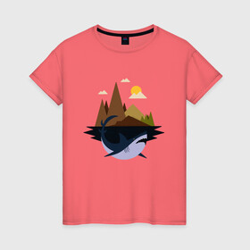 Женская футболка хлопок с принтом Abstract Geometry Shark Island в Новосибирске, 100% хлопок | прямой крой, круглый вырез горловины, длина до линии бедер, слегка спущенное плечо | art | fish | geometric print | minimal | minimalism | minimalist | mountains | абстрактный принт | абстрактный рисунок | абстракция | акула | акулий остров | акулы | арт | геометрический принт | геометрический рисунок | горы