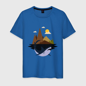 Мужская футболка хлопок с принтом Abstract Geometry Shark Island в Новосибирске, 100% хлопок | прямой крой, круглый вырез горловины, длина до линии бедер, слегка спущенное плечо. | art | fish | geometric print | minimal | minimalism | minimalist | mountains | абстрактный принт | абстрактный рисунок | абстракция | акула | акулий остров | акулы | арт | геометрический принт | геометрический рисунок | горы