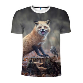 Мужская футболка 3D спортивная с принтом Лисица и птичка в Новосибирске, 100% полиэстер с улучшенными характеристиками | приталенный силуэт, круглая горловина, широкие плечи, сужается к линии бедра | fox | foxy | животное | звери | лиса | лисенок | лисичка | милая | рыжая | фокс