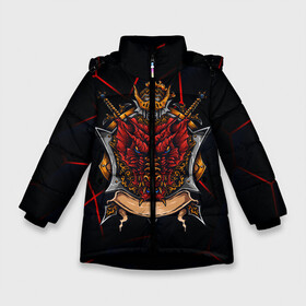 Зимняя куртка для девочек 3D с принтом Красный китайский дракон в Новосибирске, ткань верха — 100% полиэстер; подклад — 100% полиэстер, утеплитель — 100% полиэстер. | длина ниже бедра, удлиненная спинка, воротник стойка и отстегивающийся капюшон. Есть боковые карманы с листочкой на кнопках, утяжки по низу изделия и внутренний карман на молнии. 

Предусмотрены светоотражающий принт на спинке, радужный светоотражающий элемент на пуллере молнии и на резинке для утяжки. | викинг | дракон | китай | китайский дракон | красный дракон | мифология | рыцарь | шлеп