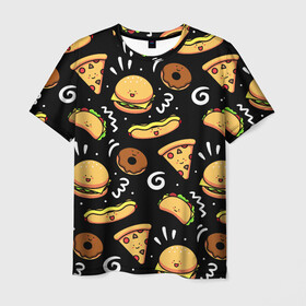Мужская футболка 3D с принтом Фастфуд в Новосибирске, 100% полиэфир | прямой крой, круглый вырез горловины, длина до линии бедер | burger | cheese | donut | food | hot dog | pizza | sandwich | бургер | еда | пицца | пончик | сыр | сэндвич | фастфуд | хот дог