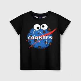 Детская футболка 3D с принтом Cookies в Новосибирске, 100% гипоаллергенный полиэфир | прямой крой, круглый вырез горловины, длина до линии бедер, чуть спущенное плечо, ткань немного тянется | cookies | nasa | астронавт | астрономия | глазки | земля | космос | наса | печенье | печеньки | планета | смайл | спутник