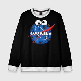 Детский свитшот 3D с принтом Cookies в Новосибирске, 100% полиэстер | свободная посадка, прямой крой, мягкая тканевая резинка на рукавах и понизу свитшота | cookies | nasa | астронавт | астрономия | глазки | земля | космос | наса | печенье | печеньки | планета | смайл | спутник