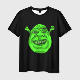 Мужская футболка 3D с принтом Shreks Face в Новосибирске, 100% полиэфир | прямой крой, круглый вырез горловины, длина до линии бедер | Тематика изображения на принте: donkey | fiona | gonna | is | life | love | me | once | roll | shrek | somebody | the | told | world | артур | в | гарольд | дракон | жизнь | кот | лорд | любовь | мем | мерлин | огр | осел | пиноккио | пряник | сапогах | фаркуад | фиона | чарм