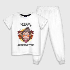Детская пижама хлопок с принтом Счастливая обезьяна в Новосибирске, 100% хлопок |  брюки и футболка прямого кроя, без карманов, на брюках мягкая резинка на поясе и по низу штанин
 | Тематика изображения на принте: лето | надпись | обезьяна | отпуск | очки | пальмы | счастье