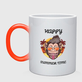 Кружка хамелеон с принтом Счастливая обезьяна в Новосибирске, керамика | меняет цвет при нагревании, емкость 330 мл | Тематика изображения на принте: лето | надпись | обезьяна | отпуск | очки | пальмы | счастье