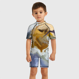 Детский купальный костюм 3D с принтом FET в Новосибирске, Полиэстер 85%, Спандекс 15% | застежка на молнии на спине | abstract | feathers | абстракция | желтое | мазки | перья