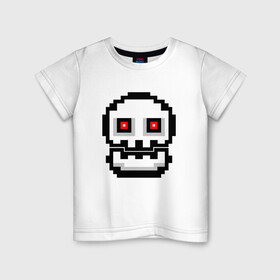 Детская футболка хлопок с принтом Skull | Geometry Dash в Новосибирске, 100% хлопок | круглый вырез горловины, полуприлегающий силуэт, длина до линии бедер | 2d | dash | demon | demons | devil | game | games | geometry | pixel | pixels | skull | геометрия | демон | дьявол | игра | пикслели | платформер | череп