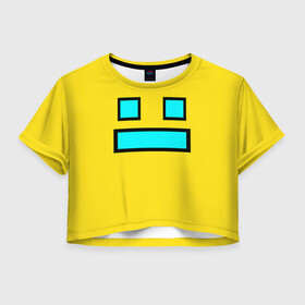 Женская футболка Crop-top 3D с принтом Geometry Dash Smile в Новосибирске, 100% полиэстер | круглая горловина, длина футболки до линии талии, рукава с отворотами | 2d | dash | demon | demons | devil | game | games | geometry | pixel | pixels | skull | smile | геометрия | демон | дьявол | игра | пикслели | платформер | смайл | смайлик | улыбка | череп