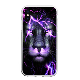 Чехол для iPhone XS Max матовый с принтом НЕОНОВЫЙ ЛЕВ  NEON LION в Новосибирске, Силикон | Область печати: задняя сторона чехла, без боковых панелей | lion | neon | голова | гроза | дикая кошка | животные | кот | кошка | лев | молния | неон | тигр | хищник