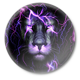 Значок с принтом НЕОНОВЫЙ ЛЕВ  NEON LION в Новосибирске,  металл | круглая форма, металлическая застежка в виде булавки | Тематика изображения на принте: lion | neon | голова | гроза | дикая кошка | животные | кот | кошка | лев | молния | неон | тигр | хищник
