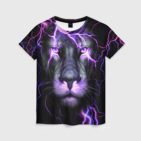 Женская футболка 3D с принтом НЕОНОВЫЙ ЛЕВ  NEON LION в Новосибирске, 100% полиэфир ( синтетическое хлопкоподобное полотно) | прямой крой, круглый вырез горловины, длина до линии бедер | lion | neon | голова | гроза | дикая кошка | животные | кот | кошка | лев | молния | неон | тигр | хищник