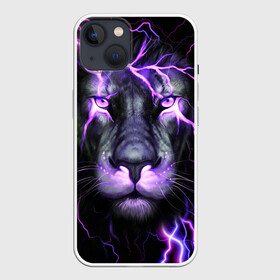 Чехол для iPhone 13 с принтом НЕОНОВЫЙ ЛЕВ  NEON LION в Новосибирске,  |  | lion | neon | голова | гроза | дикая кошка | животные | кот | кошка | лев | молния | неон | тигр | хищник