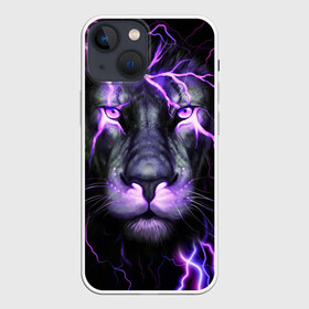 Чехол для iPhone 13 mini с принтом НЕОНОВЫЙ ЛЕВ  NEON LION в Новосибирске,  |  | lion | neon | голова | гроза | дикая кошка | животные | кот | кошка | лев | молния | неон | тигр | хищник