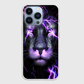 Чехол для iPhone 13 Pro с принтом НЕОНОВЫЙ ЛЕВ  NEON LION в Новосибирске,  |  | lion | neon | голова | гроза | дикая кошка | животные | кот | кошка | лев | молния | неон | тигр | хищник
