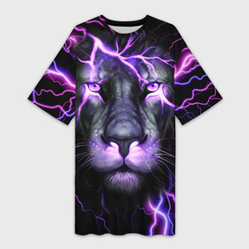Платье-футболка 3D с принтом НЕОНОВЫЙ ЛЕВ  NEON LION в Новосибирске,  |  | lion | neon | голова | гроза | дикая кошка | животные | кот | кошка | лев | молния | неон | тигр | хищник