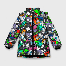 Зимняя куртка для девочек 3D с принтом Geometry Dash | Pattern (Z) в Новосибирске, ткань верха — 100% полиэстер; подклад — 100% полиэстер, утеплитель — 100% полиэстер. | длина ниже бедра, удлиненная спинка, воротник стойка и отстегивающийся капюшон. Есть боковые карманы с листочкой на кнопках, утяжки по низу изделия и внутренний карман на молнии. 

Предусмотрены светоотражающий принт на спинке, радужный светоотражающий элемент на пуллере молнии и на резинке для утяжки. | 2d | arcade | game | geometry dash | meltdown | patern | pattern | robtop | аркада | геометрический тире | патерн | паттерн | раннер