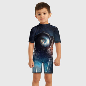Детский купальный костюм 3D с принтом Космонавт в Новосибирске, Полиэстер 85%, Спандекс 15% | застежка на молнии на спине | звезды | космонавт | космос | небо | ночь | планеты