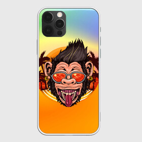 Чехол для iPhone 12 Pro с принтом Веселая обезьяна в очках в Новосибирске, силикон | область печати: задняя сторона чехла, без боковых панелей | Тематика изображения на принте: закат | лето | обезьяна | очки | пальмы | побережье