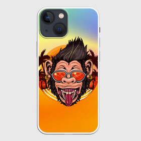 Чехол для iPhone 13 mini с принтом Веселая обезьяна в очках в Новосибирске,  |  | Тематика изображения на принте: закат | лето | обезьяна | очки | пальмы | побережье