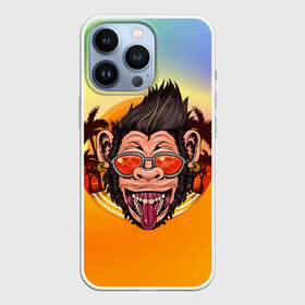 Чехол для iPhone 13 Pro с принтом Веселая обезьяна в очках в Новосибирске,  |  | Тематика изображения на принте: закат | лето | обезьяна | очки | пальмы | побережье