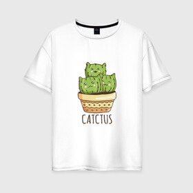 Женская футболка хлопок Oversize с принтом Котики Кактусы Catctus в Новосибирске, 100% хлопок | свободный крой, круглый ворот, спущенный рукав, длина до линии бедер
 | cactus | cat | cats | cute cactus | english words | kitten | kitty | puss | pussy | pussycat | кактус в горшке | киски | кисы | котёнок | котики | коты в виде кактусов | коты кактусы | котята | котята кактусы | котятки | кошечки | кошка | мил