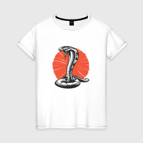 Женская футболка хлопок с принтом Японская Кобра | Japan Cobra в Новосибирске, 100% хлопок | прямой крой, круглый вырез горловины, длина до линии бедер, слегка спущенное плечо | art | asp | aspid | cobra kai | japanese | poison | poisoned | red sun | snake | vemonous | venom | viper | арт | вайпер | восходящее солнце | змея | иллюстрация | кобра кай | красное солнце | рисунок кобры | солнце | яд | яд
