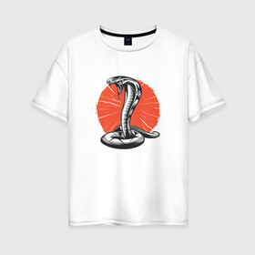 Женская футболка хлопок Oversize с принтом Японская Кобра | Japan Cobra в Новосибирске, 100% хлопок | свободный крой, круглый ворот, спущенный рукав, длина до линии бедер
 | art | asp | aspid | cobra kai | japanese | poison | poisoned | red sun | snake | vemonous | venom | viper | арт | вайпер | восходящее солнце | змея | иллюстрация | кобра кай | красное солнце | рисунок кобры | солнце | яд | яд