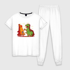 Женская пижама хлопок с принтом Пицца против Годзиллы в Новосибирске, 100% хлопок | брюки и футболка прямого кроя, без карманов, на брюках мягкая резинка на поясе и по низу штанин | арт | годзилла | графика | динозавр | пицца