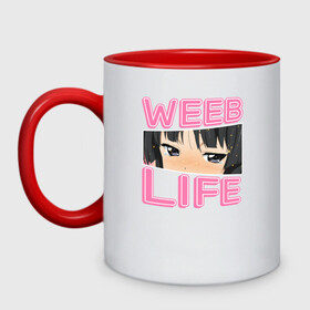 Кружка двухцветная с принтом Weeb life в Новосибирске, керамика | объем — 330 мл, диаметр — 80 мм. Цветная ручка и кайма сверху, в некоторых цветах — вся внутренняя часть | ahegao | anime | baka | chibi | desu | japan | kohai | nani | neko | otaku | senpai | sensei | waifu | weeaboo | weeb | аниме | анимешник | анимешница | ахегао | бака | вайфу | виабу | десу | кохай | культура | нани | неко | отаку | сенпай | сенсеи | трен