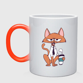 Кружка хамелеон с принтом Офисный кот с кружкой кофе в Новосибирске, керамика | меняет цвет при нагревании, емкость 330 мл | boss | cat | cats | coffee | kitten | office | puss | pussy | pussycat | босс | в галстуке | киски | кисы | кот в костюме | котёнок | котики | котята | котятки | кофе | кофейный кот | кошечки | кошка | офис | офисный планктон | пусси