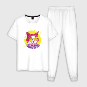 Мужская пижама хлопок с принтом Кот Тусовщик в солнечных очках в Новосибирске, 100% хлопок | брюки и футболка прямого кроя, без карманов, на брюках мягкая резинка на поясе и по низу штанин
 | cat | cats | chill | cool cat | kitten | leto | party | puss | pussy | pussycat | summer | vacation | киски | кисы | кот в гавайской рубашке | котёнок | котики | котята | котятки | кошечки | кошка | лето | отдых | отпуск | пати |