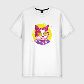 Мужская футболка хлопок Slim с принтом Кот Тусовщик в солнечных очках в Новосибирске, 92% хлопок, 8% лайкра | приталенный силуэт, круглый вырез ворота, длина до линии бедра, короткий рукав | cat | cats | chill | cool cat | kitten | leto | party | puss | pussy | pussycat | summer | vacation | киски | кисы | кот в гавайской рубашке | котёнок | котики | котята | котятки | кошечки | кошка | лето | отдых | отпуск | пати |