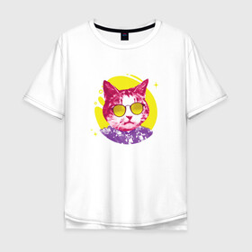 Мужская футболка хлопок Oversize с принтом Кот Тусовщик в солнечных очках в Новосибирске, 100% хлопок | свободный крой, круглый ворот, “спинка” длиннее передней части | cat | cats | chill | cool cat | kitten | leto | party | puss | pussy | pussycat | summer | vacation | киски | кисы | кот в гавайской рубашке | котёнок | котики | котята | котятки | кошечки | кошка | лето | отдых | отпуск | пати |
