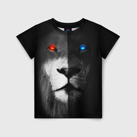 Детская футболка 3D с принтом ЛЕВ - НЕОНОВЫЕ ГЛАЗА в Новосибирске, 100% гипоаллергенный полиэфир | прямой крой, круглый вырез горловины, длина до линии бедер, чуть спущенное плечо, ткань немного тянется | lion | neon | глаза | голова | дикая кошка | животные | кот | кошка | лев | неон | светящиеся глаза | тигр | хищник