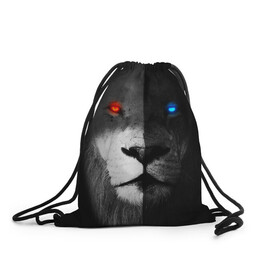 Рюкзак-мешок 3D с принтом ЛЕВ - НЕОНОВЫЕ ГЛАЗА в Новосибирске, 100% полиэстер | плотность ткани — 200 г/м2, размер — 35 х 45 см; лямки — толстые шнурки, застежка на шнуровке, без карманов и подкладки | Тематика изображения на принте: lion | neon | глаза | голова | дикая кошка | животные | кот | кошка | лев | неон | светящиеся глаза | тигр | хищник