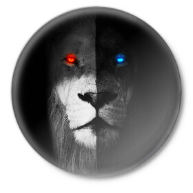 Значок с принтом ЛЕВ - НЕОНОВЫЕ ГЛАЗА в Новосибирске,  металл | круглая форма, металлическая застежка в виде булавки | Тематика изображения на принте: lion | neon | глаза | голова | дикая кошка | животные | кот | кошка | лев | неон | светящиеся глаза | тигр | хищник
