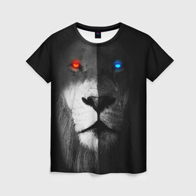 Женская футболка 3D с принтом ЛЕВ - НЕОНОВЫЕ ГЛАЗА в Новосибирске, 100% полиэфир ( синтетическое хлопкоподобное полотно) | прямой крой, круглый вырез горловины, длина до линии бедер | lion | neon | глаза | голова | дикая кошка | животные | кот | кошка | лев | неон | светящиеся глаза | тигр | хищник